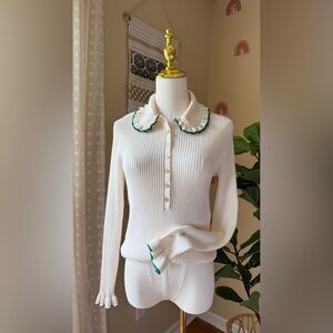 White Ribbed Sweater with Green Trim